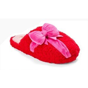 Dearfoams Cozy Holiday Comfort Red Sherpa Slippers Pink Bow Valentine's 7-8